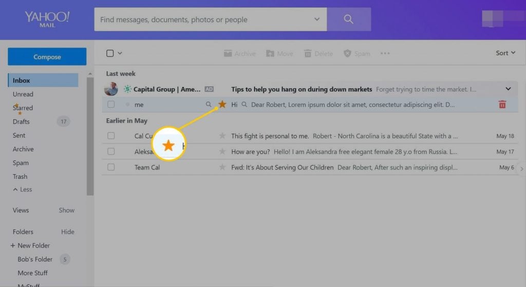 how to pin emails in Yahoo